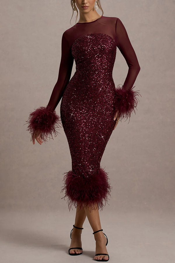 Glamour og Drama | Midi-kjole i stretch-mesh med paljettapplikasjoner og fjærkant