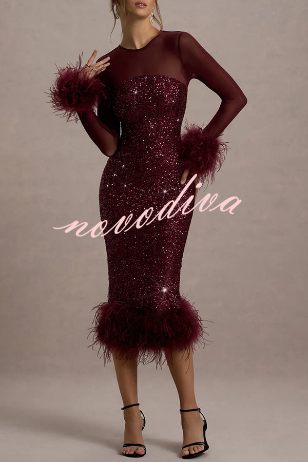 Glamour og Drama | Midi-kjole i stretch-mesh med paljettapplikasjoner og fjærkant