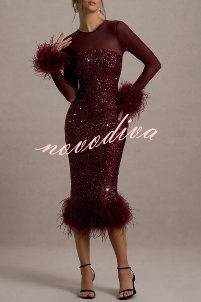 Glamour og Drama | Midi-kjole i stretch-mesh med paljettapplikasjoner og fjærkant