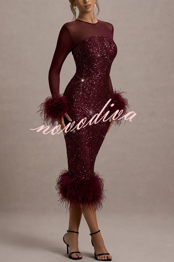 Glamour og Drama | Midi-kjole i stretch-mesh med paljettapplikasjoner og fjærkant