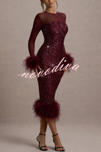 Glamour og Drama | Midi-kjole i stretch-mesh med paljettapplikasjoner og fjærkant