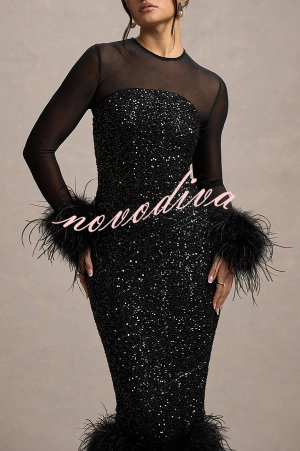 Glamour og Drama | Midi-kjole i stretch-mesh med paljettapplikasjoner og fjærkant