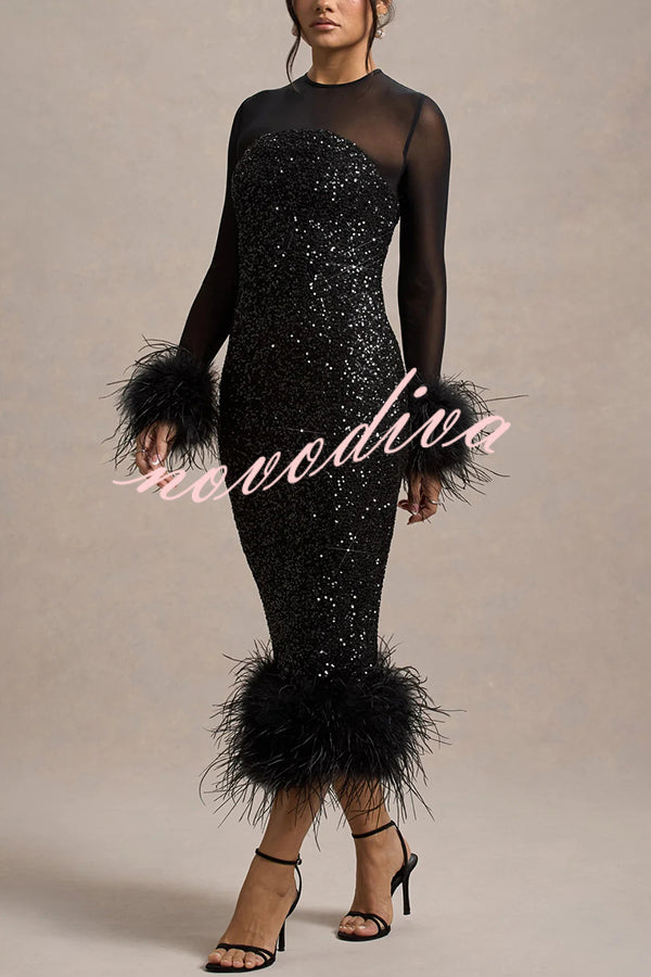 Glamour og Drama | Midi-kjole i stretch-mesh med paljettapplikasjoner og fjærkant