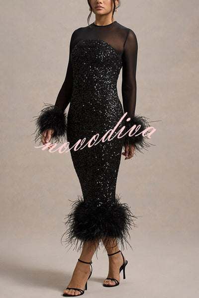 Glamour og Drama | Midi-kjole i stretch-mesh med paljettapplikasjoner og fjærkant