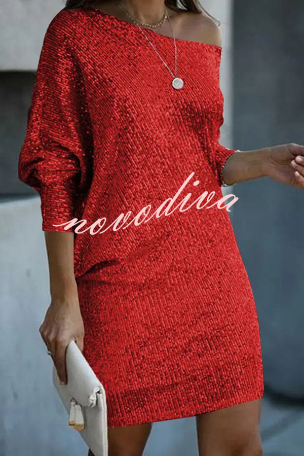 Minikjole | ensfarget, skulderløs, med paljetter, løs passform