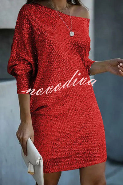 Minikjole | ensfarget, skulderløs, med paljetter, løs passform