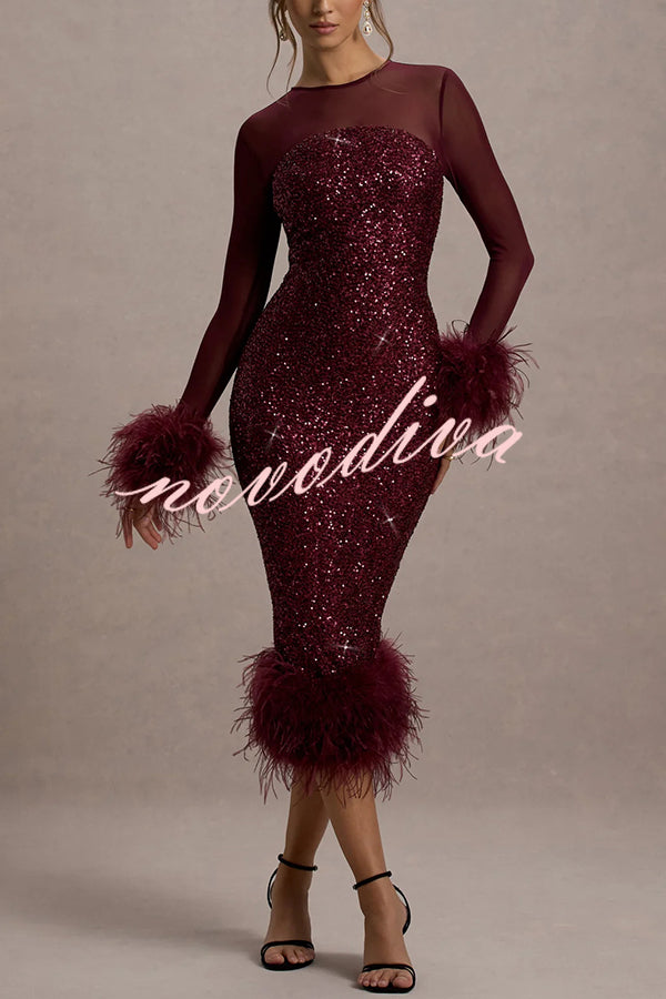 Glamour og Drama | Midi-kjole i stretch-mesh med paljettapplikasjoner og fjærkant