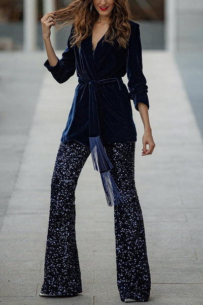 Diva Velvet | Paljettbukser med sleng, høy midje og elastisk linning