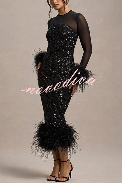 Glamour og Drama | Midi-kjole i stretch-mesh med paljettapplikasjoner og fjærkant