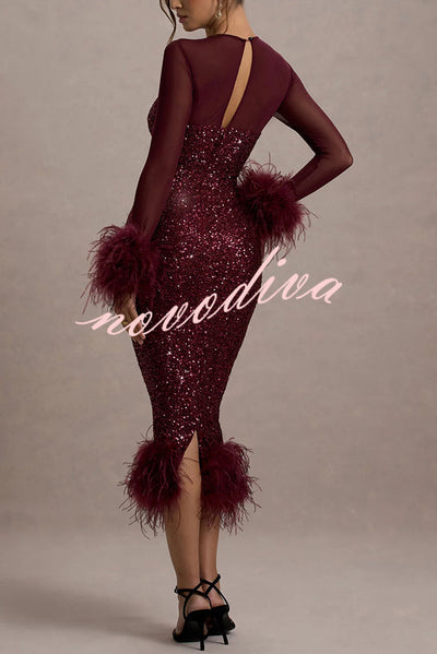 Glamour og Drama | Midi-kjole i stretch-mesh med paljettapplikasjoner og fjærkant