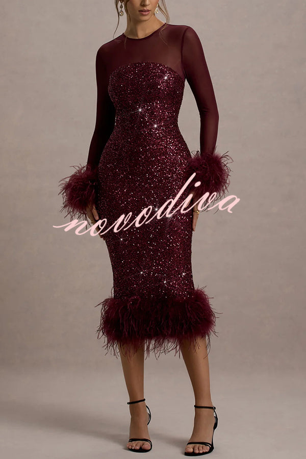 Glamour og Drama | Midi-kjole i stretch-mesh med paljettapplikasjoner og fjærkant