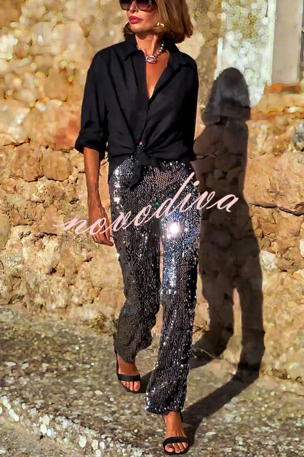 Pursue Shine | Paljettslengbukser med høy midje og elastisk linning