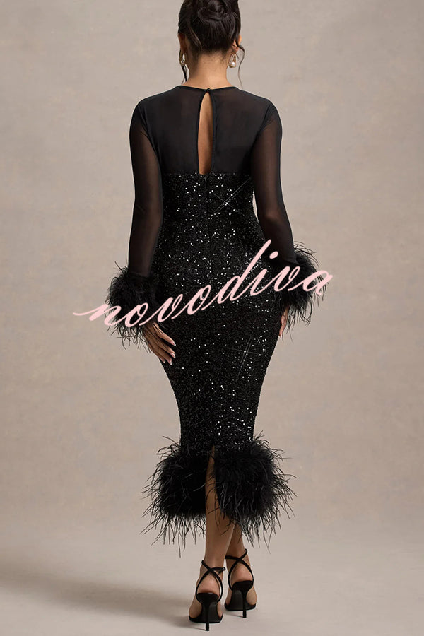 Glamour og Drama | Midi-kjole i stretch-mesh med paljettapplikasjoner og fjærkant