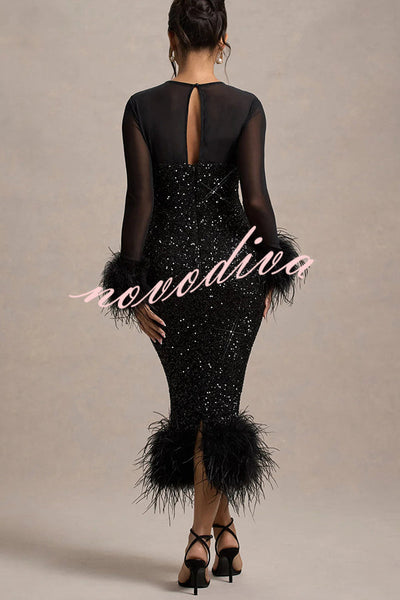 Glamour og Drama | Midi-kjole i stretch-mesh med paljettapplikasjoner og fjærkant