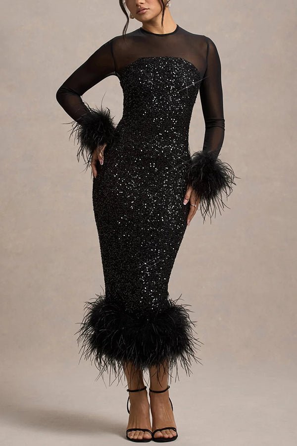 Glamour og Drama | Midi-kjole i stretch-mesh med paljettapplikasjoner og fjærkant
