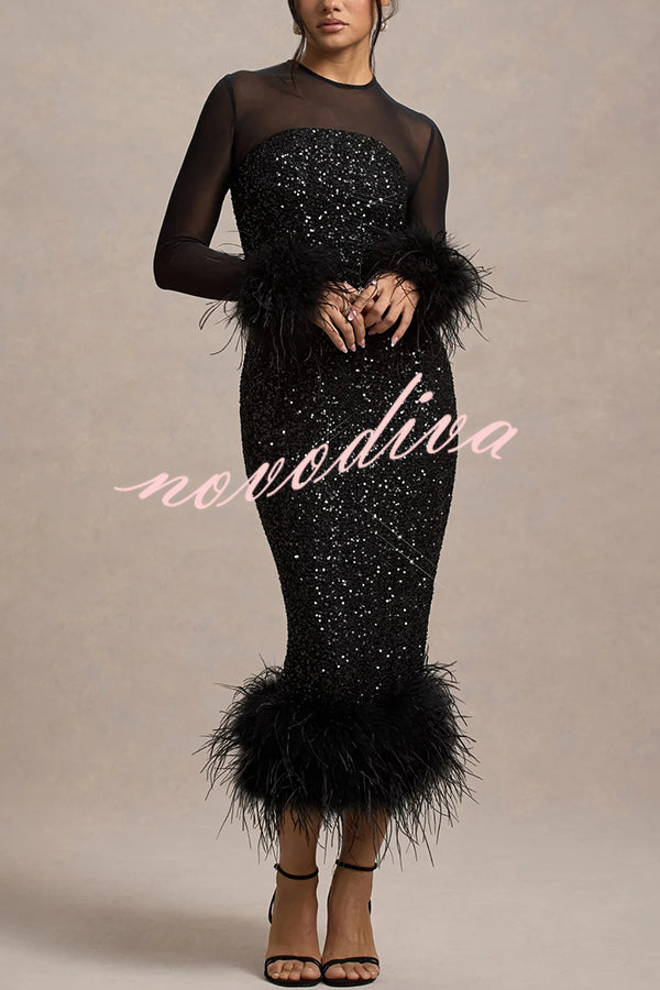 Glamour og Drama | Midi-kjole i stretch-mesh med paljettapplikasjoner og fjærkant